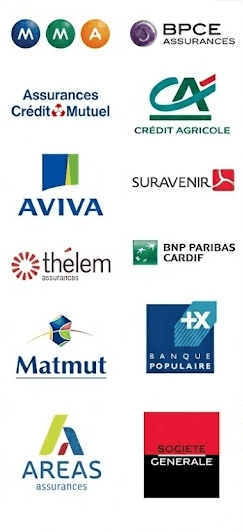 Logos assurances partenaires : MMA, BPCE, Crédit Mutuel, Crédit Agricole, Aviva, Suravenir, Thélem, BNP Paribas Cardif, Matmut, Banque Populaire, Aréas, Société Générale